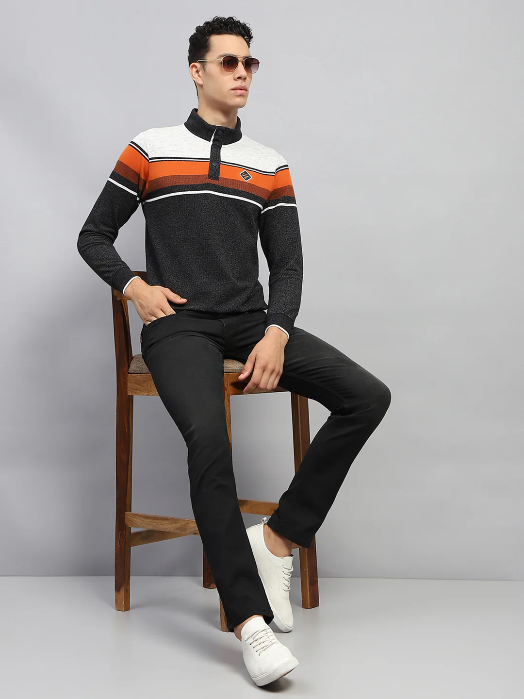 Men Black Self Design Band Collar Full Sleeve Winter T-Shirt - Image 2