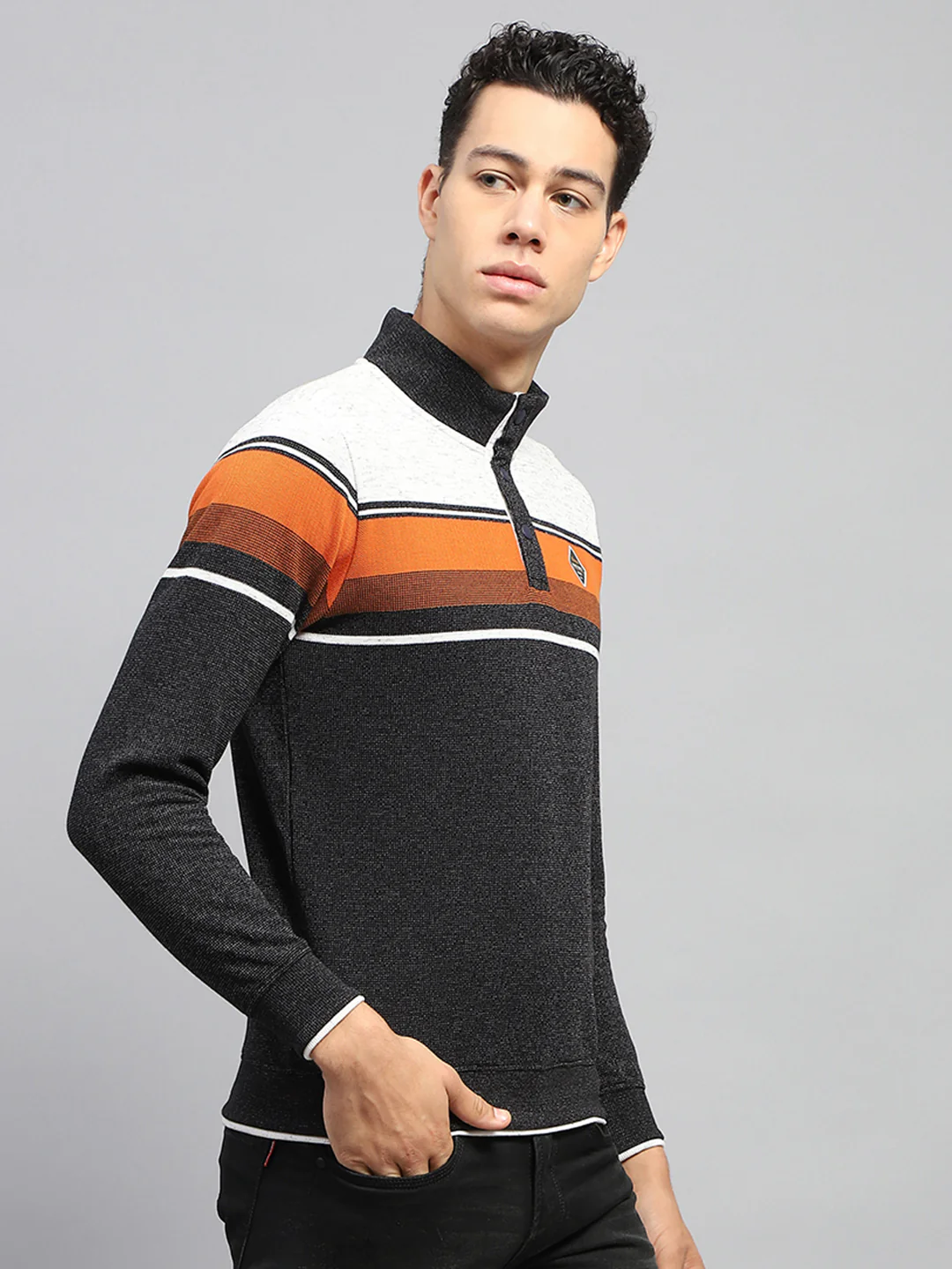 Men Black Self Design Band Collar Full Sleeve Winter T-Shirt - Image 4