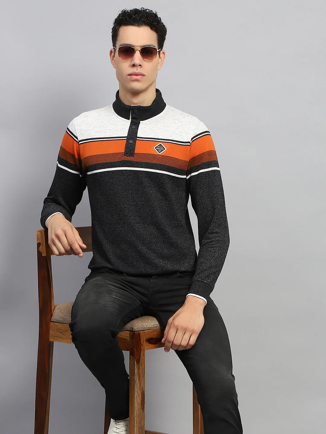 Men Black Self Design Band Collar Full Sleeve Winter T-Shirt - Image 6