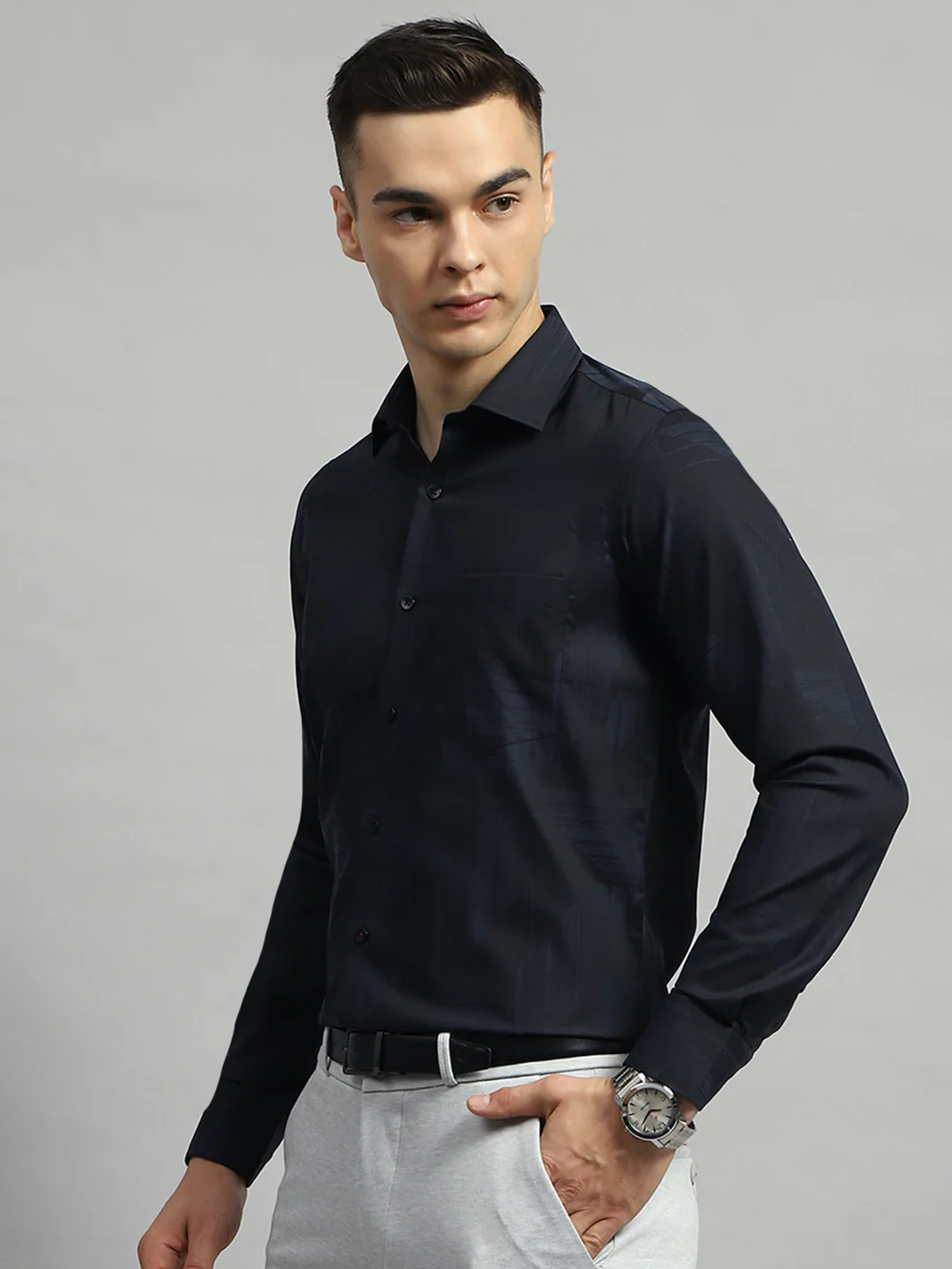 Luxuria Men Black Self Design Collar Full Sleeve Shirt - Image 3