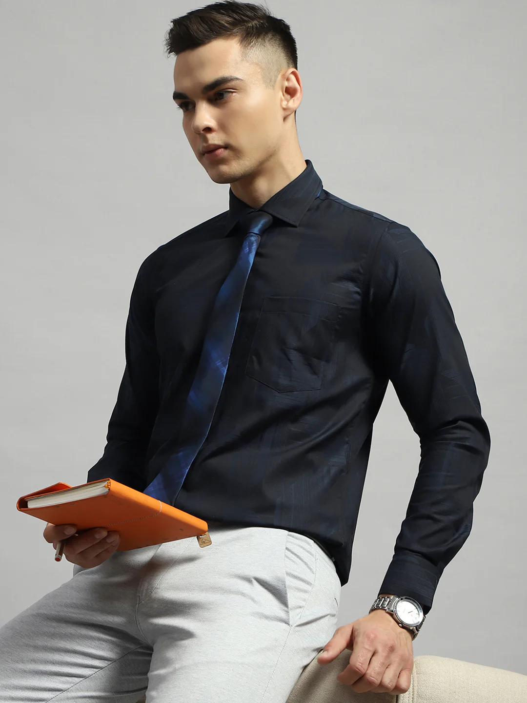 Luxuria Men Black Self Design Collar Full Sleeve Shirt - Image 6