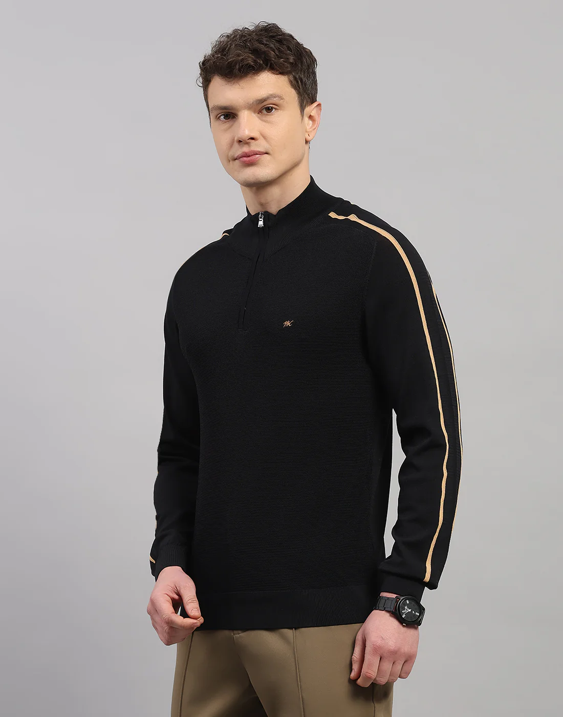 Men Black Self Design Collar Full Sleeve Winter T-Shirt - Image 2