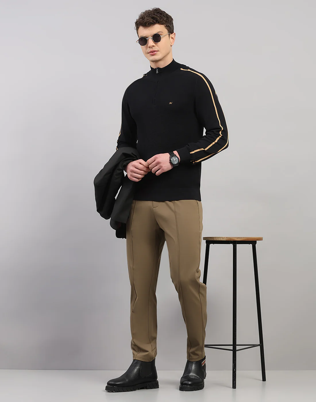 Men Black Self Design Collar Full Sleeve Winter T-Shirt - Image 5