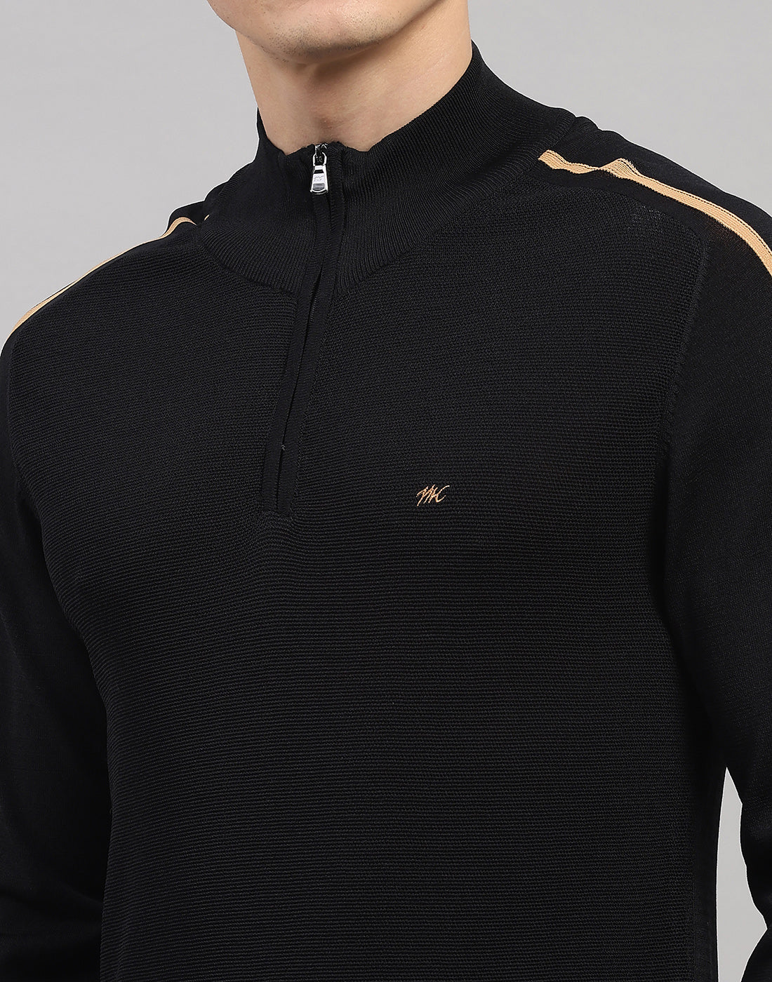 Men Black Self Design Collar Full Sleeve Winter T-Shirt - Image 7