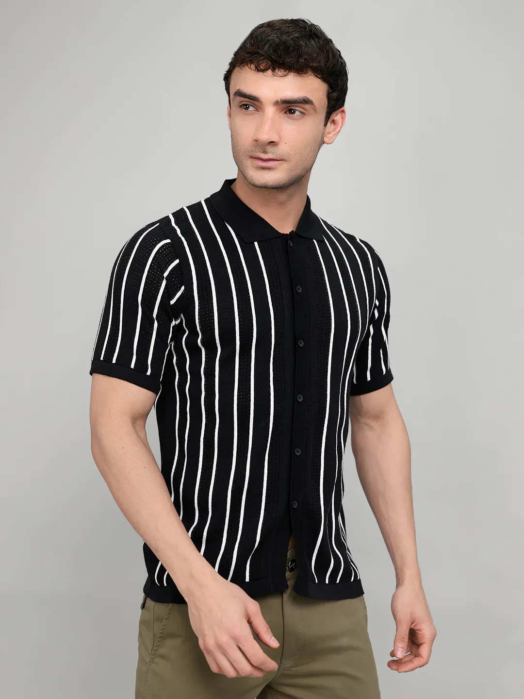 Men Black Self Design Collar Half Sleeve Shirt - Image 3