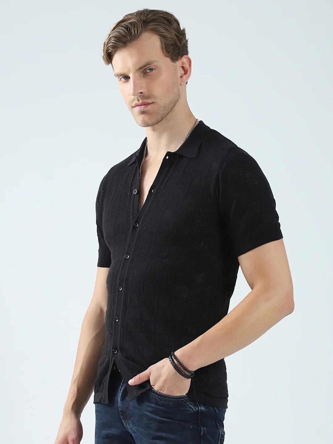Men Black Self Design Collar Half Sleeve T-Shirt - Image 3