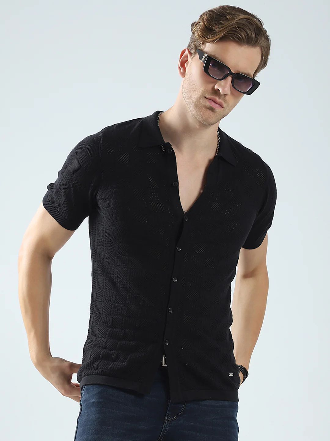 Men Black Self Design Collar Half Sleeve T-Shirt - Image 6