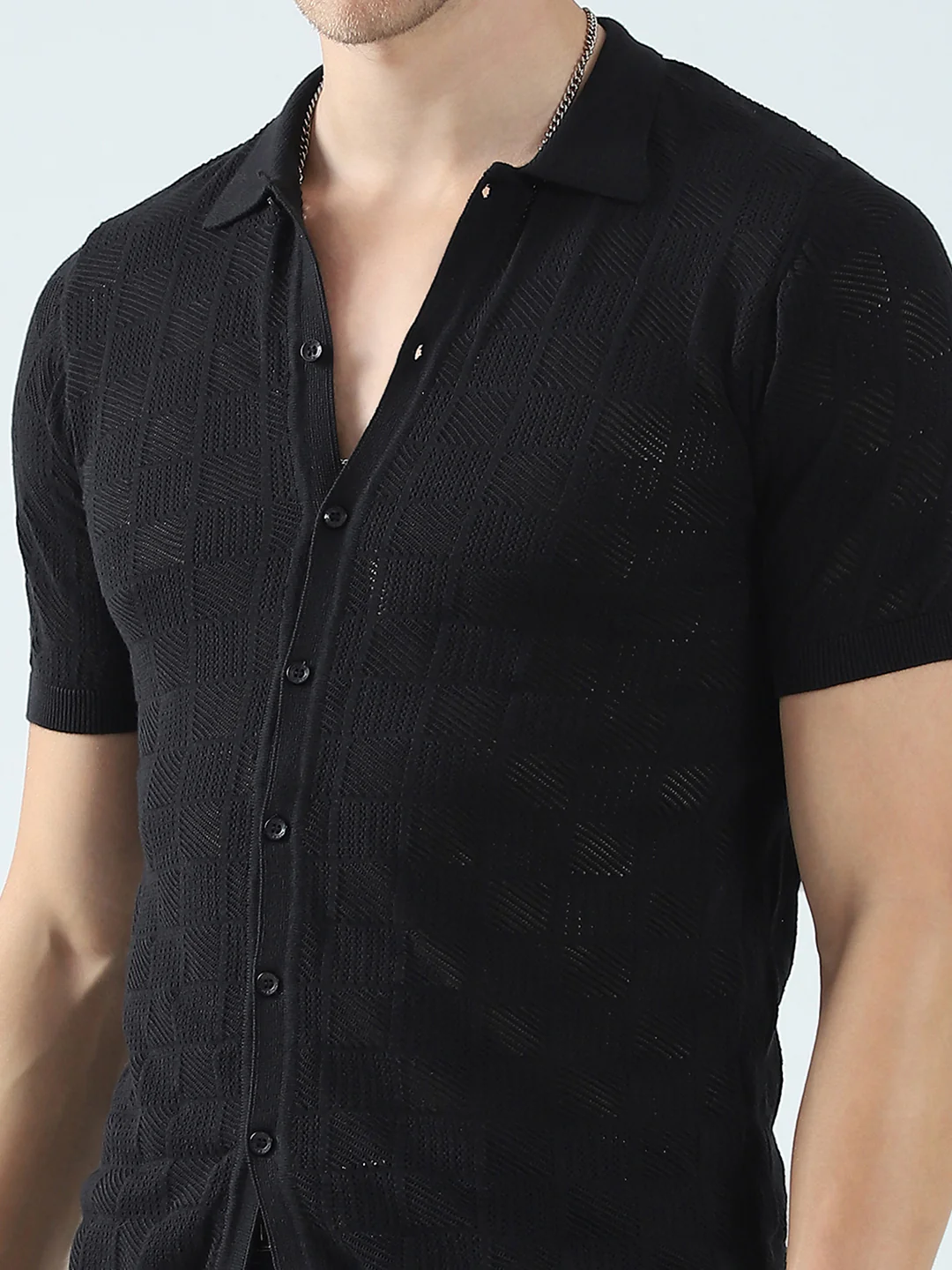Men Black Self Design Collar Half Sleeve T-Shirt - Image 7