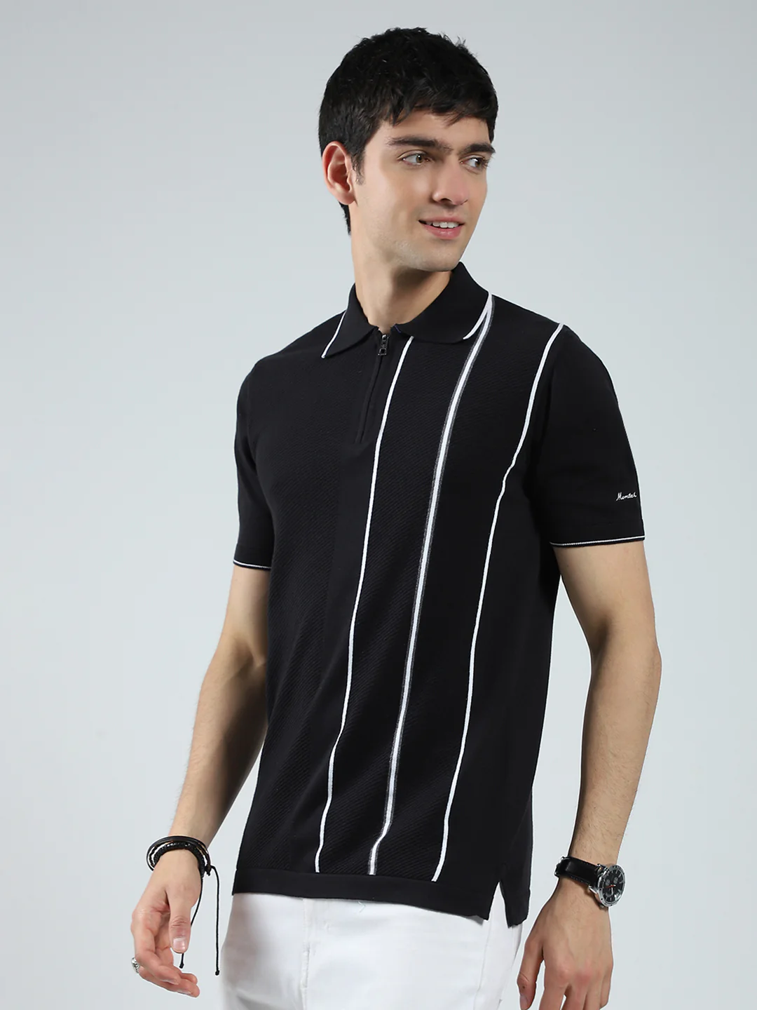 Men Black Self Design Collar Half Sleeve T-Shirt - Image 3