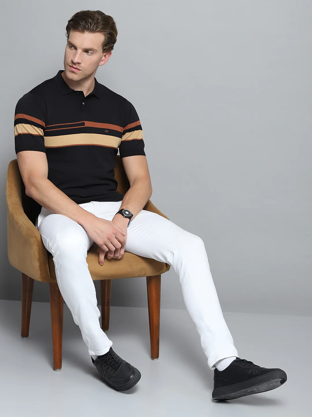 Men Black Self Design Collar Half Sleeve T-Shirt - Image 2