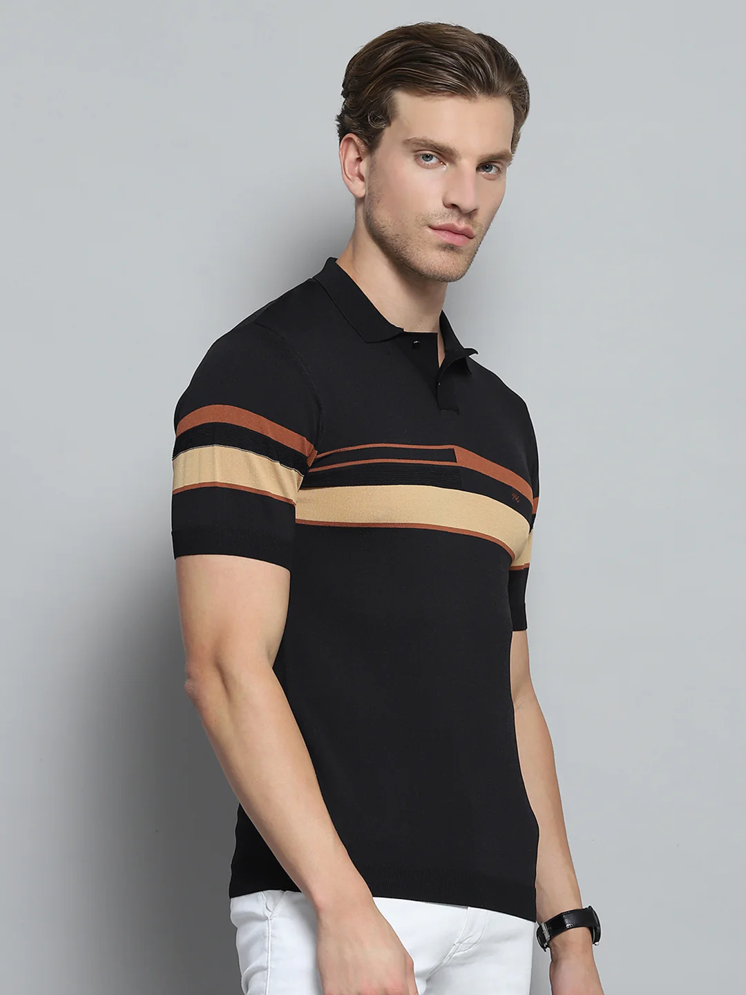 Men Black Self Design Collar Half Sleeve T-Shirt - Image 4