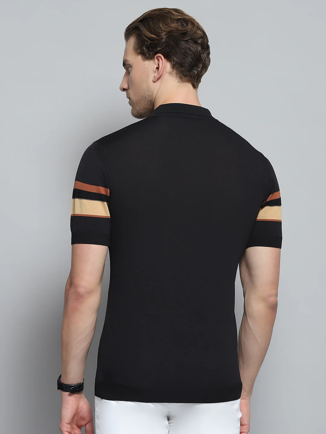 Men Black Self Design Collar Half Sleeve T-Shirt - Image 5