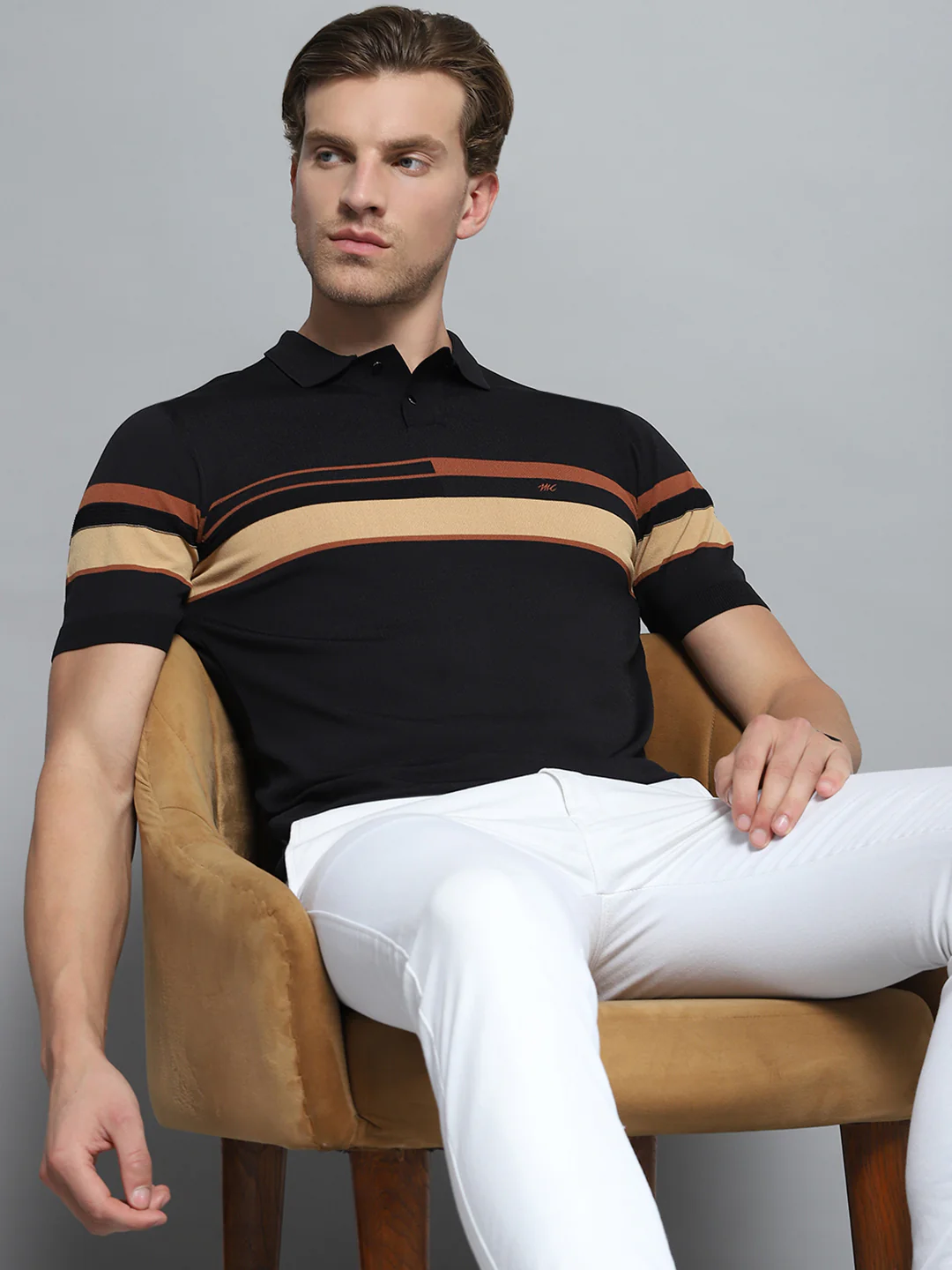 Men Black Self Design Collar Half Sleeve T-Shirt - Image 6