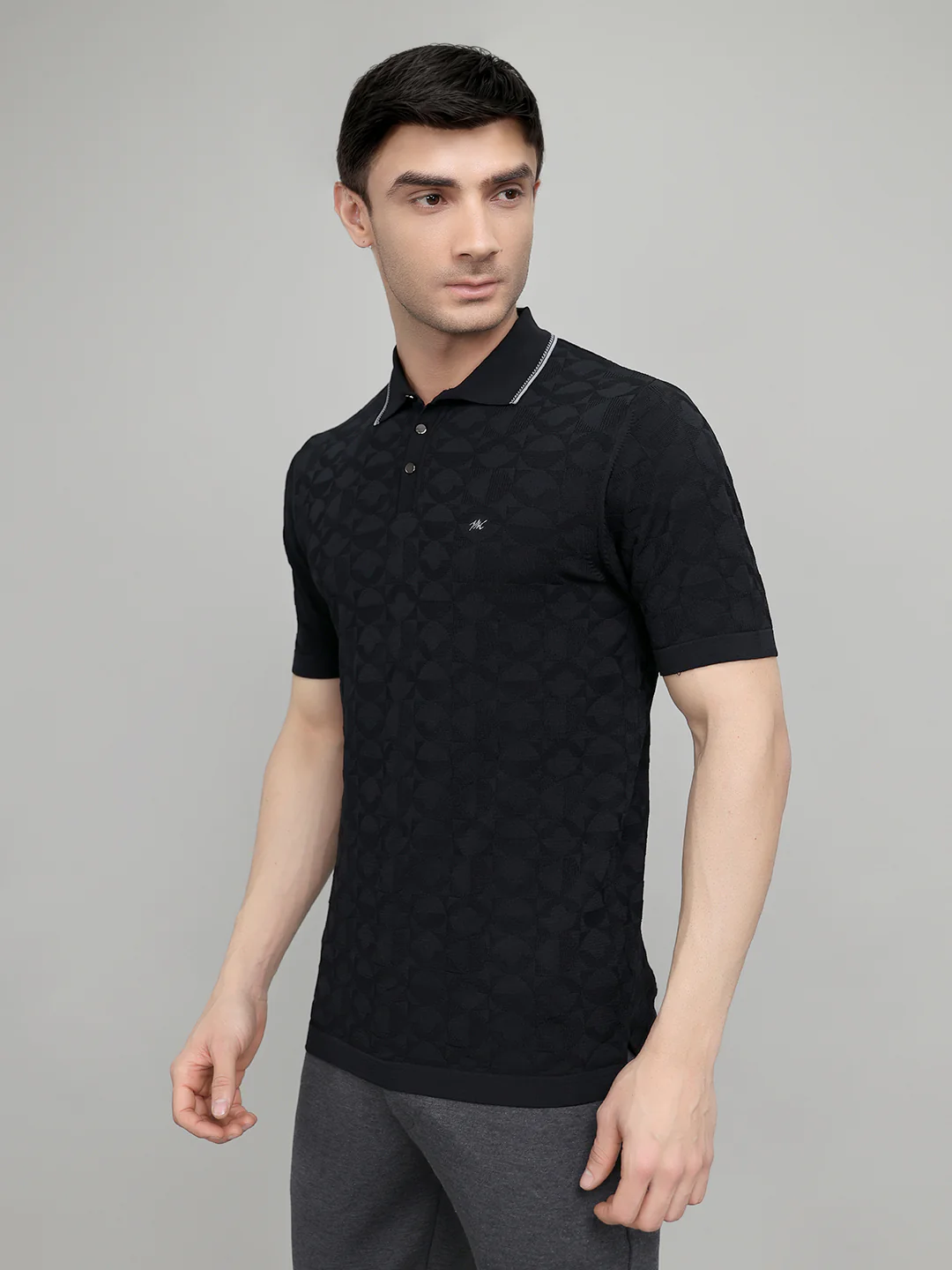 Men Black Self Design Collar Half Sleeve T-Shirt - Image 2