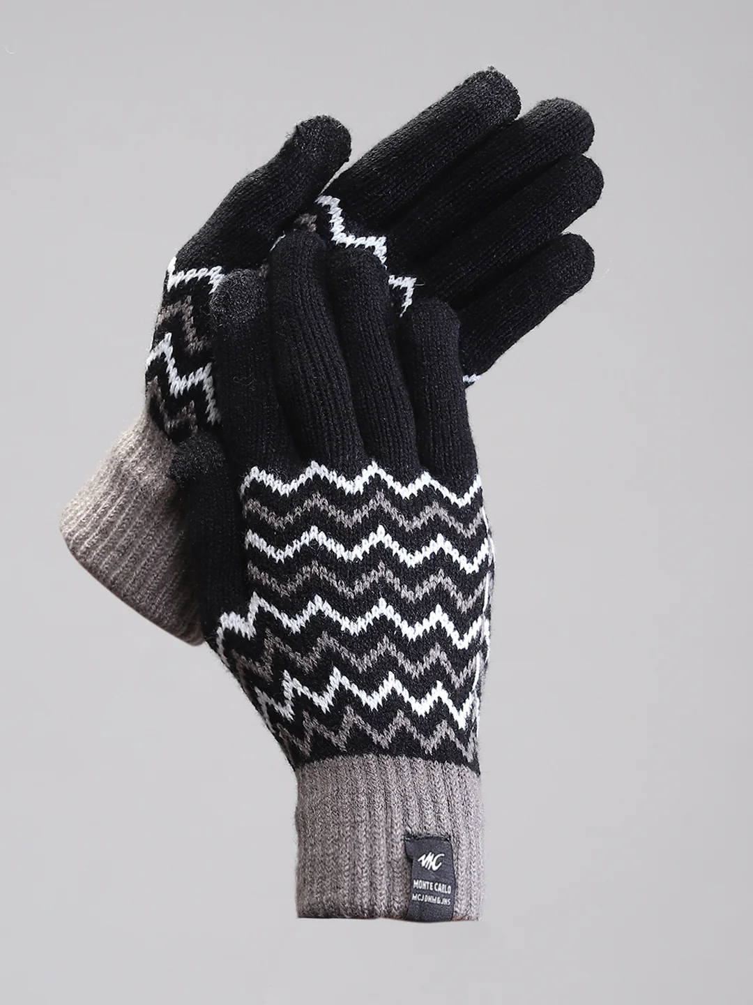 Men Black Self Design Gloves - Image 2