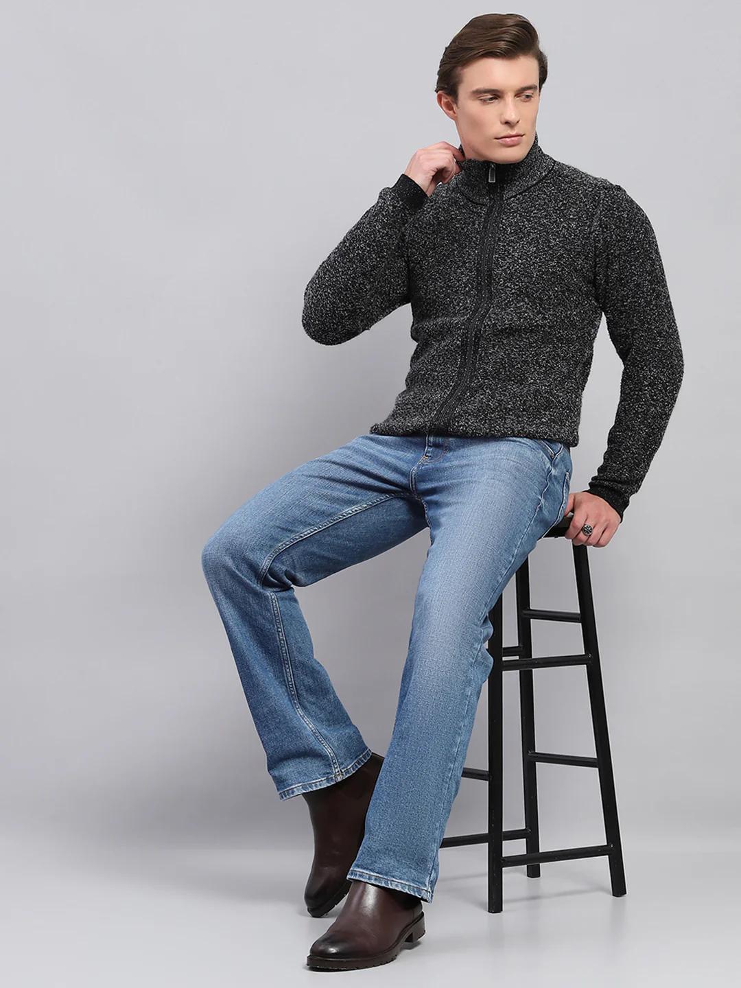 Men Black Self Design High Neck Full Sleeve Pullover - Image 2