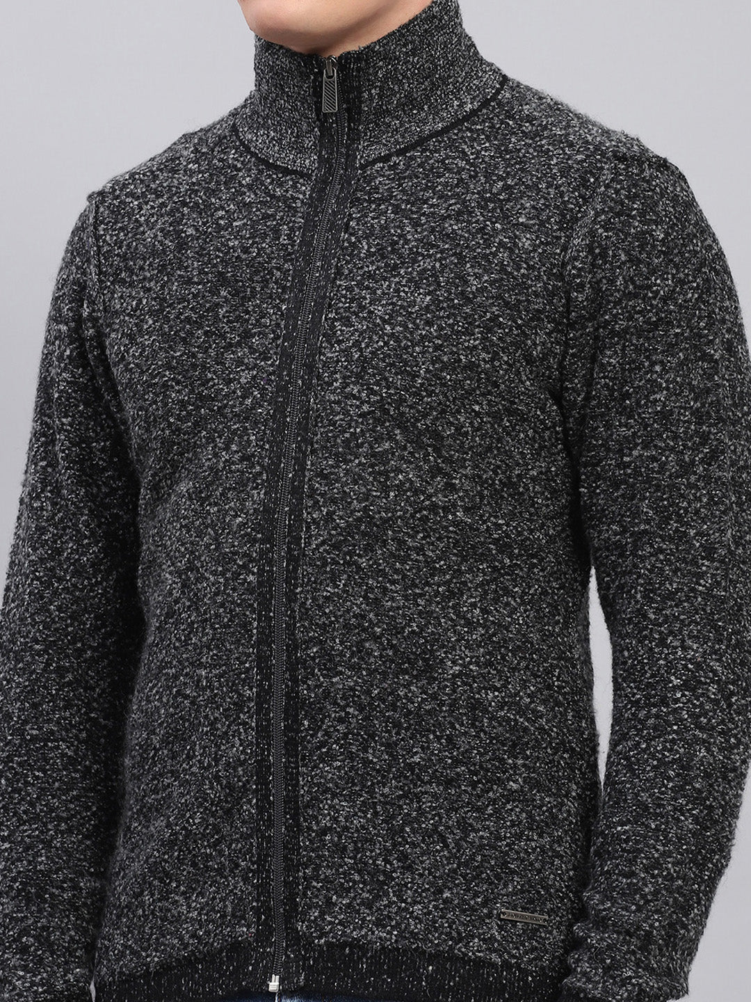 Men Black Self Design High Neck Full Sleeve Pullover - Image 6