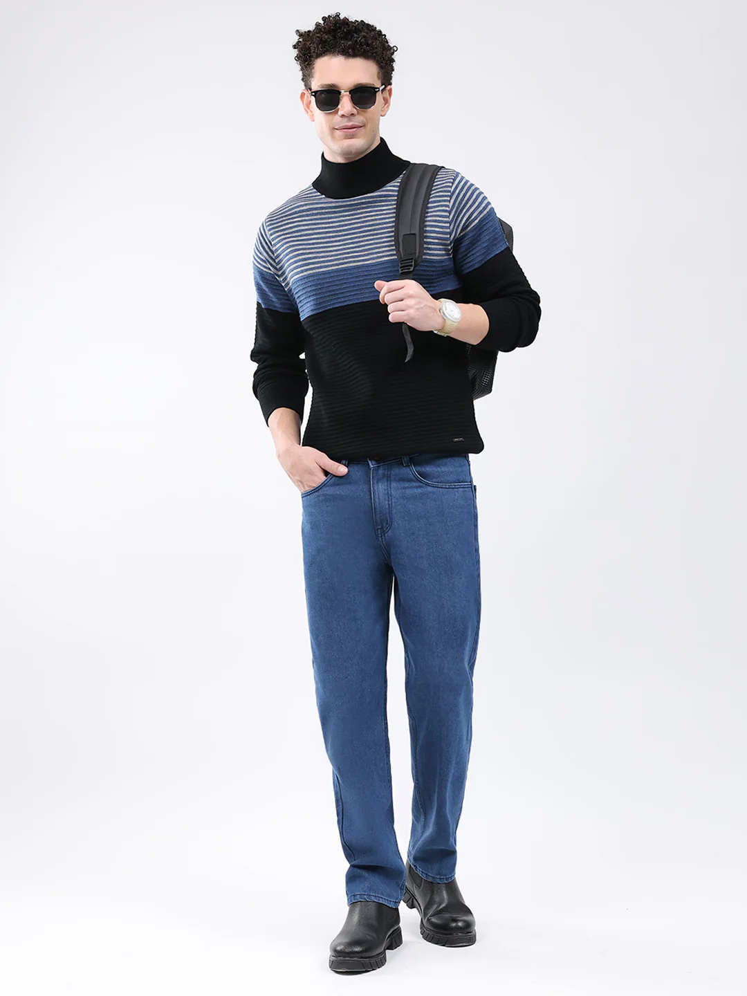 Men Black Self Design High Neck Full Sleeve Pullover - Image 2