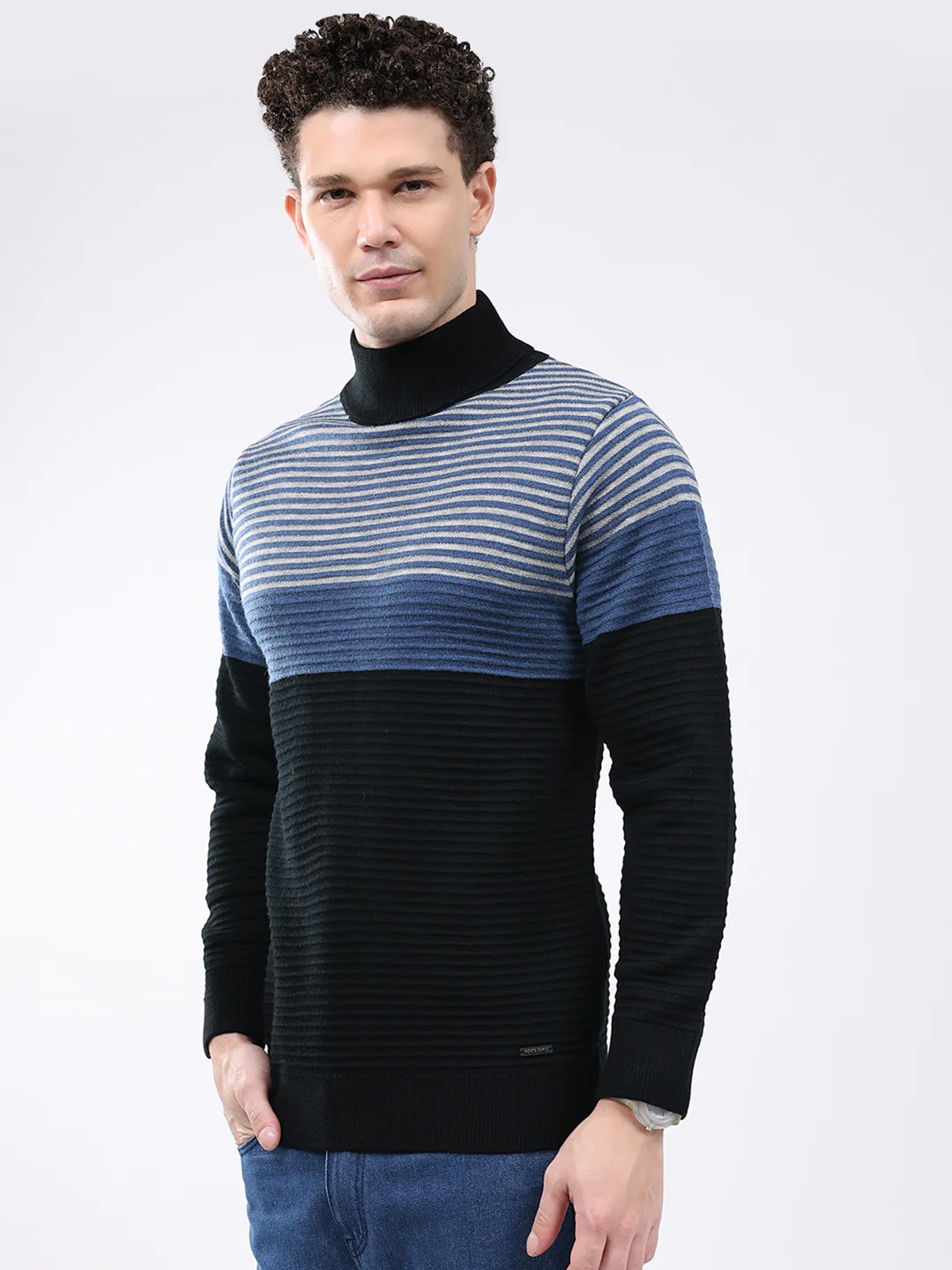 Men Black Self Design High Neck Full Sleeve Pullover - Image 3