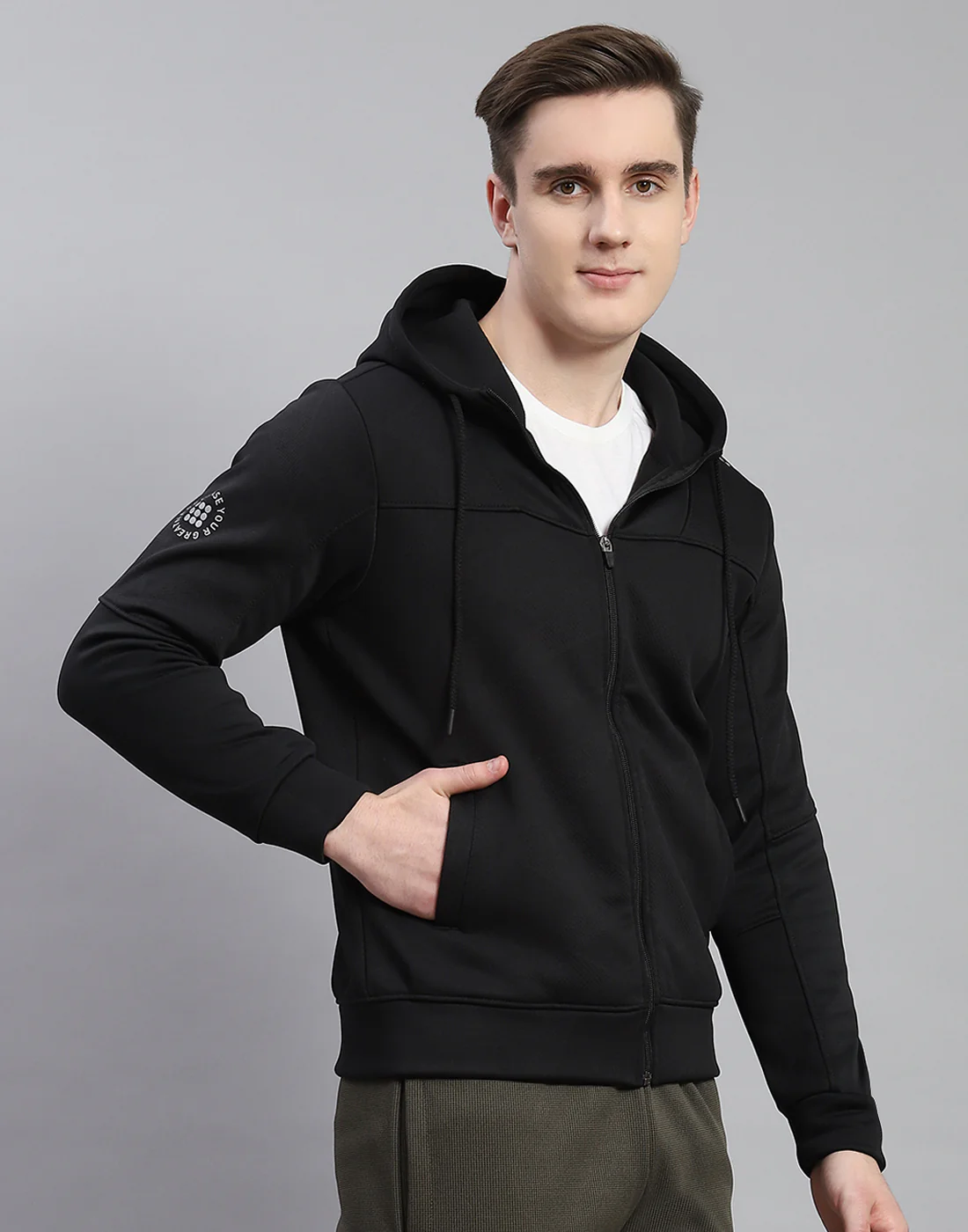 Rock.it Men Black Self Design Hooded Full Sleeve Sweatshirt - Image 4