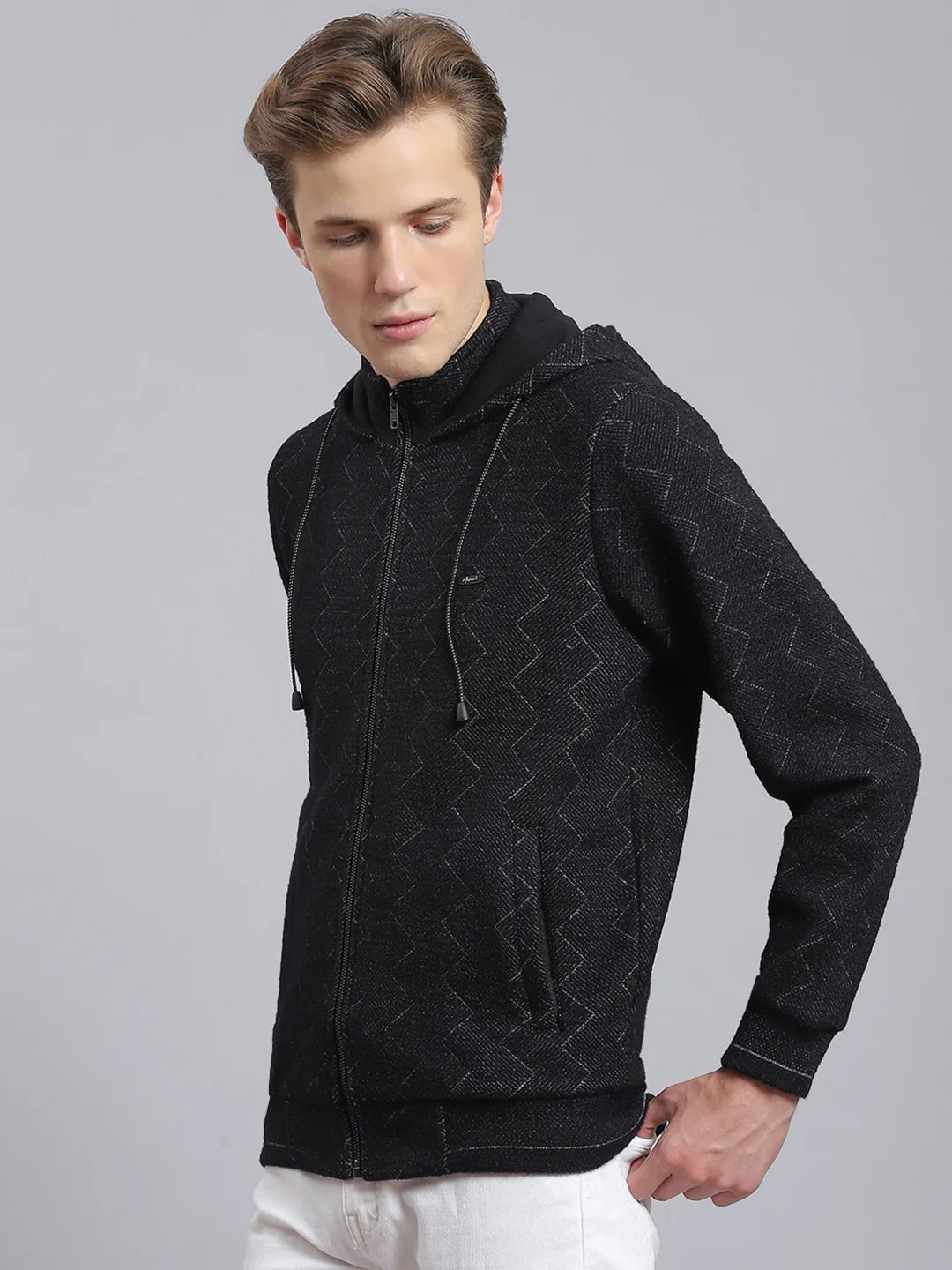 Men Black Self Design Hooded Full Sleeve Sweatshirt - Image 2