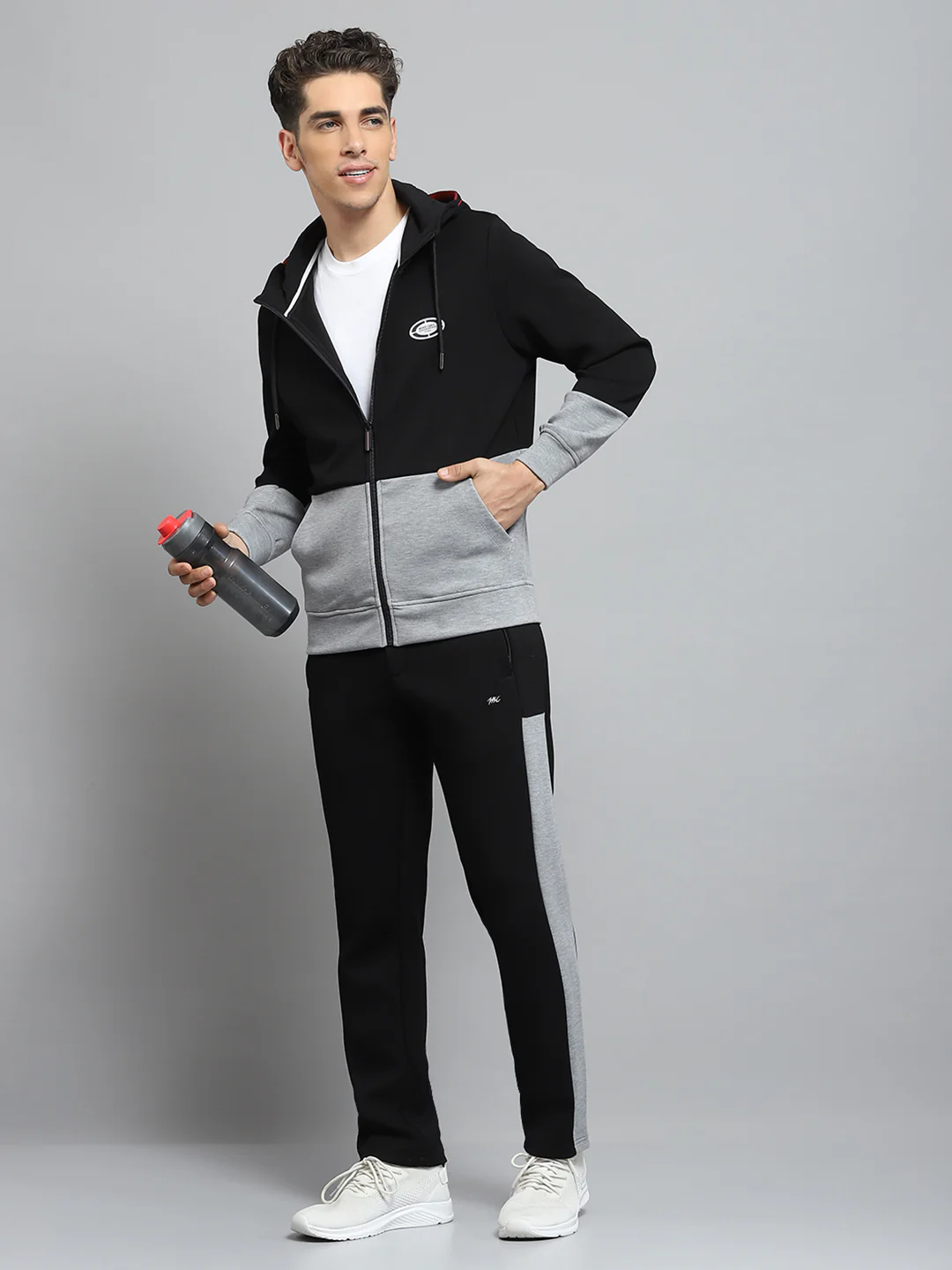 Men Black Self Design Hooded Full Sleeve Winter Tracksuit - Image 2