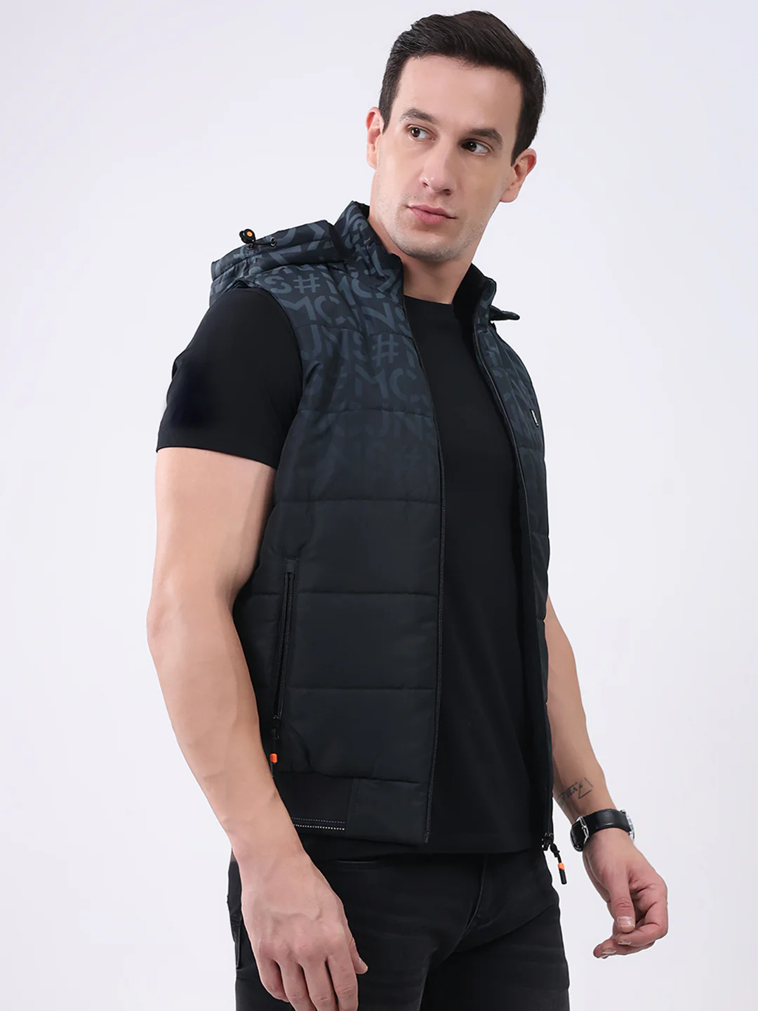 Men Black Self Design Hooded Sleeveless Jacket - Image 4