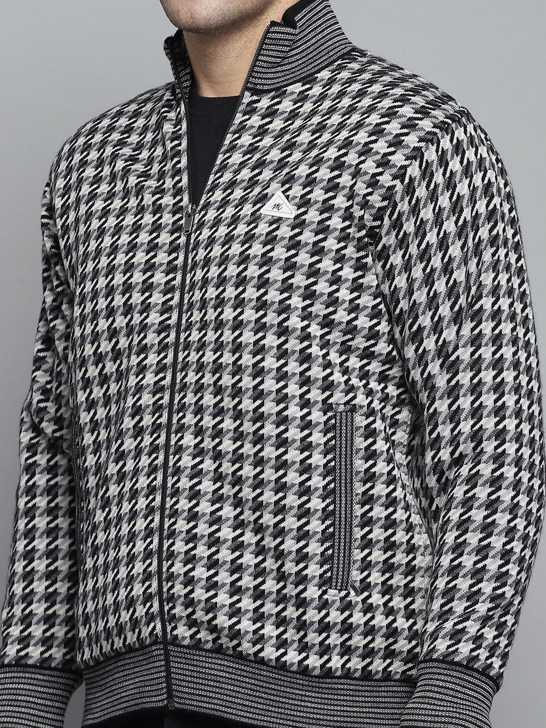 Men Black Self Design Mock Neck Full Sleeve Jacket - Image 6