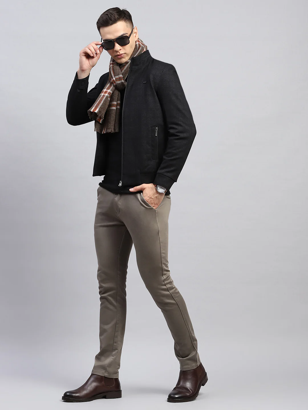 Men Black Self Design Mock Neck Full Sleeve Jacket - Image 2