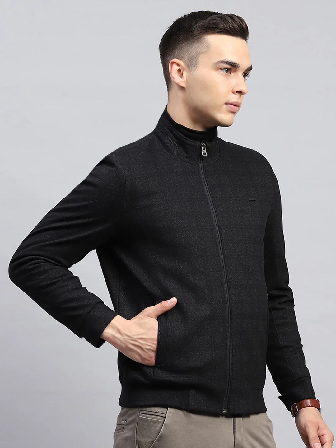 Men Black Self Design Mock Neck Full Sleeve Jacket - Image 4