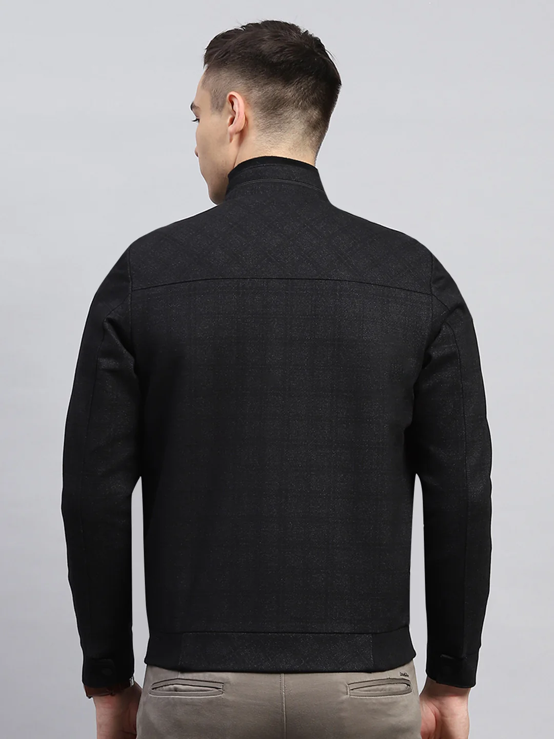 Men Black Self Design Mock Neck Full Sleeve Jacket - Image 5