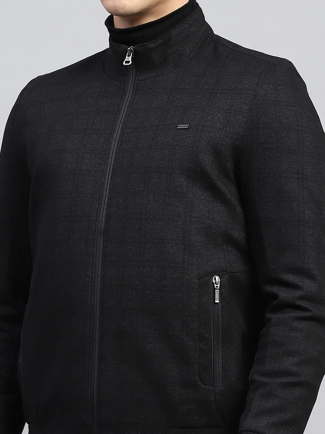 Men Black Self Design Mock Neck Full Sleeve Jacket - Image 6