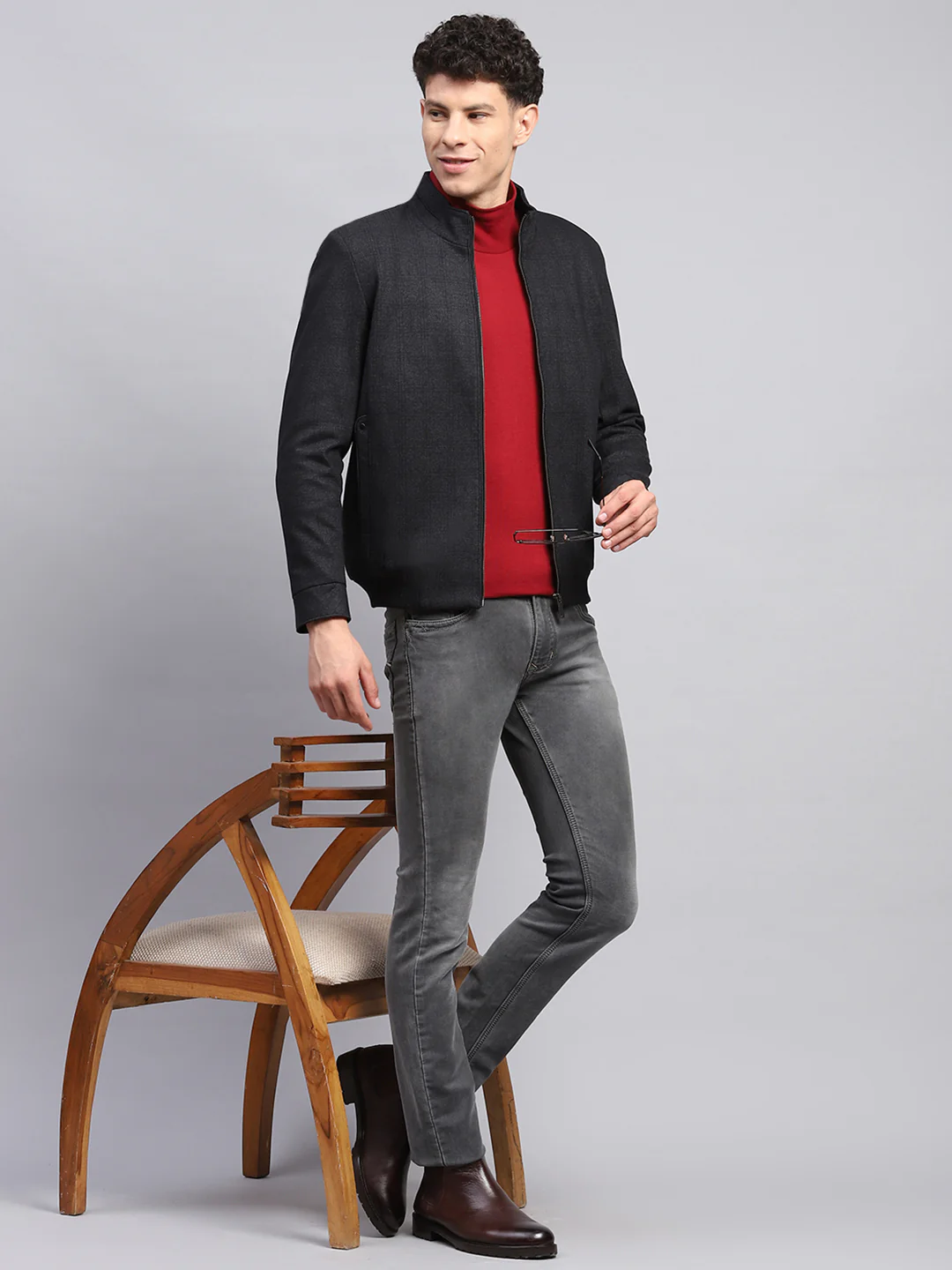 Men Black Self Design Mock Neck Full Sleeve Jacket - Image 2
