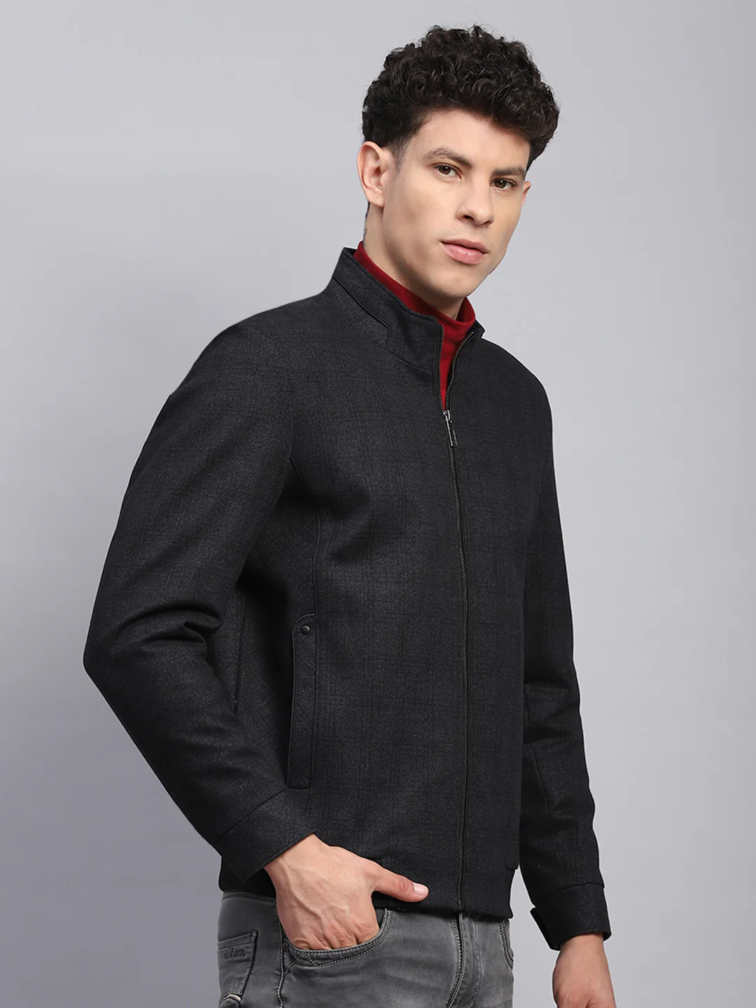 Men Black Self Design Mock Neck Full Sleeve Jacket - Image 4