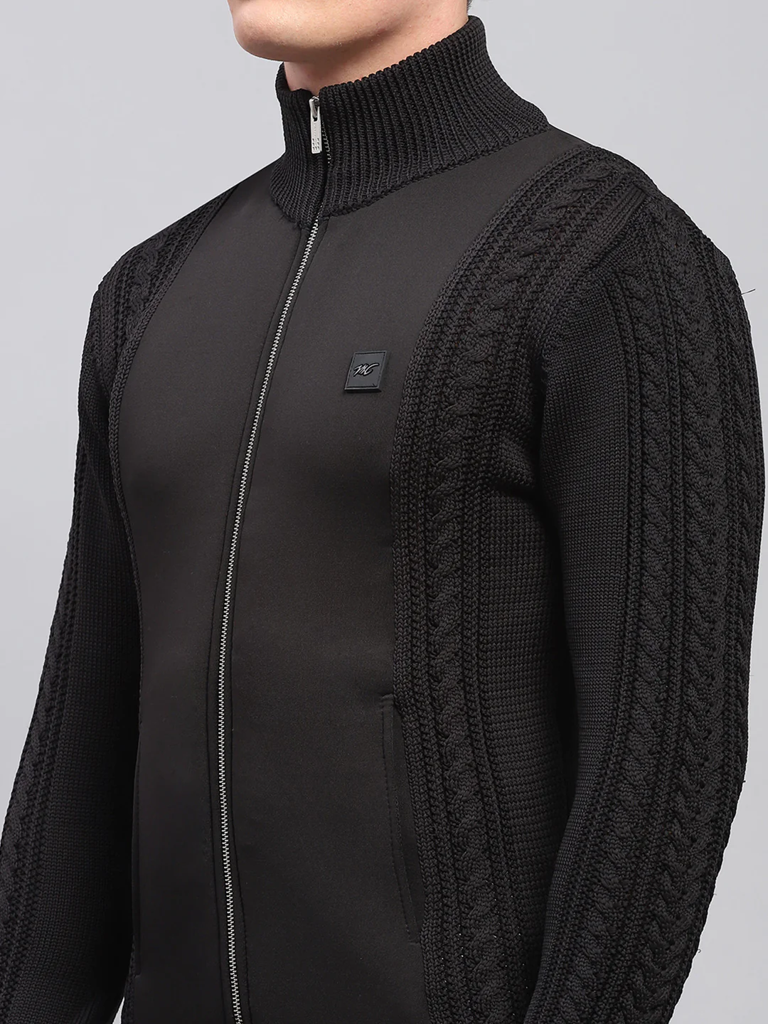 Men Black Self Design Mock Neck Full Sleeve Pullover - Image 6