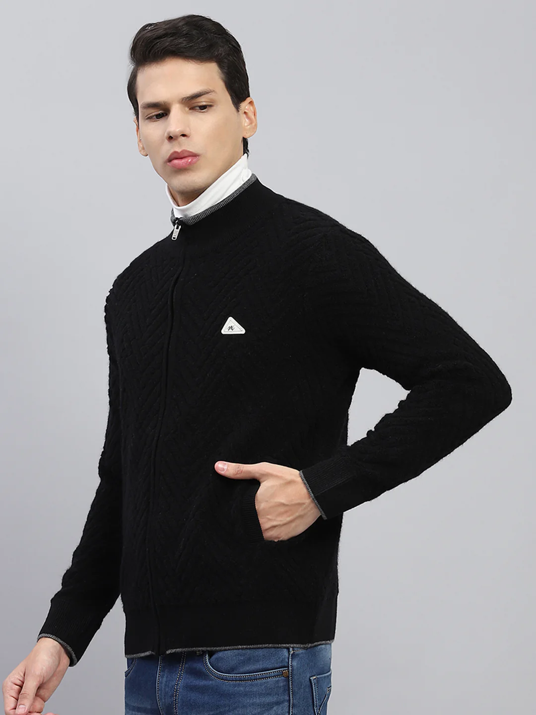 Men Black Self Design Mock Neck Full Sleeve Pullover - Image 3