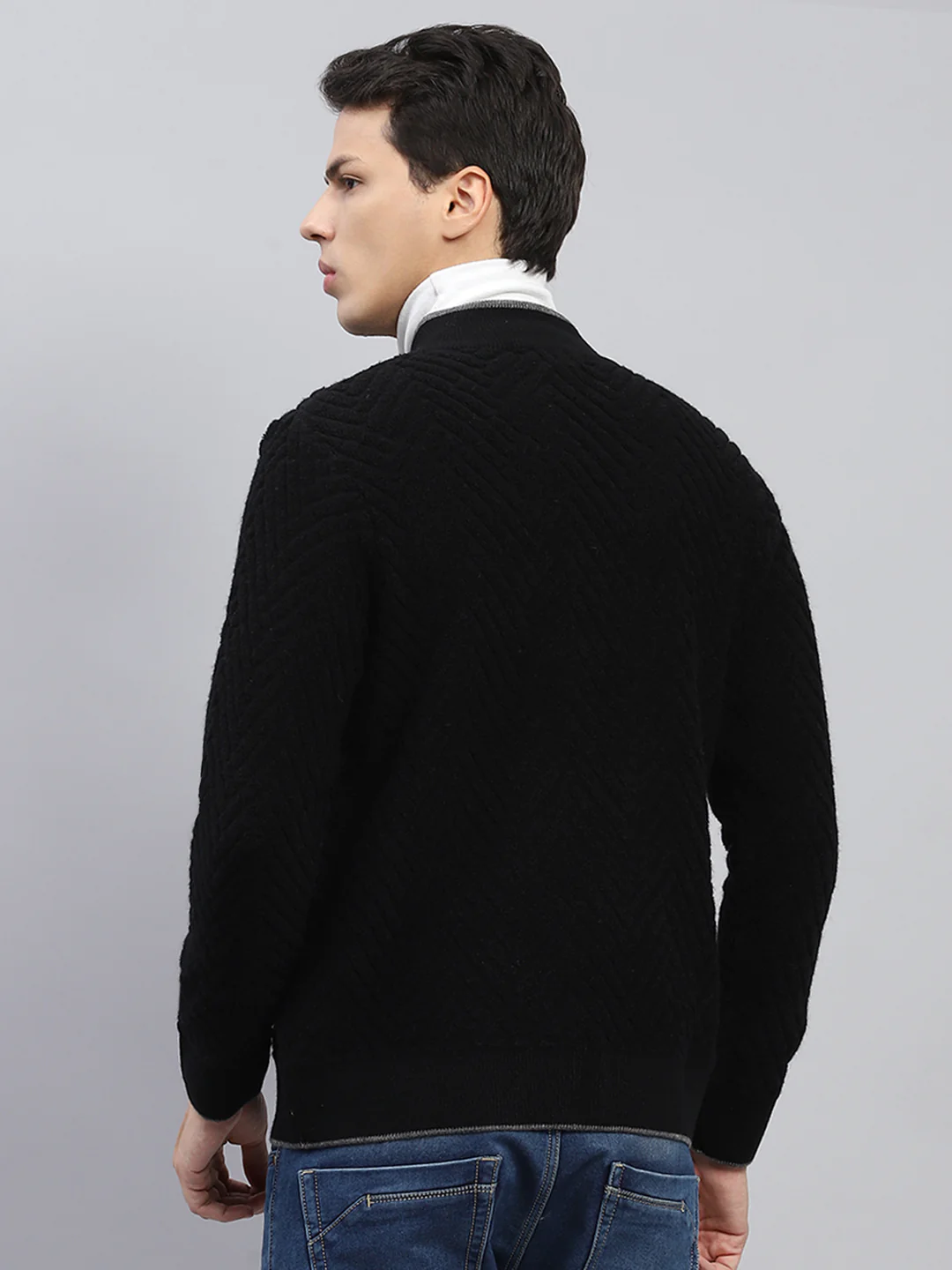 Men Black Self Design Mock Neck Full Sleeve Pullover - Image 5