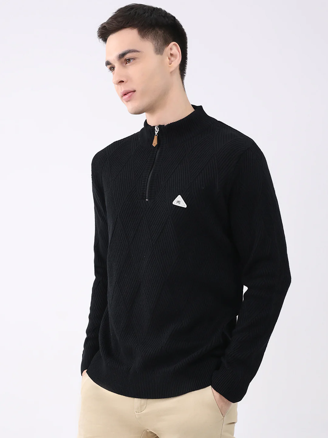 Men Black Self Design Mock Neck Full Sleeve Pullover - Image 3