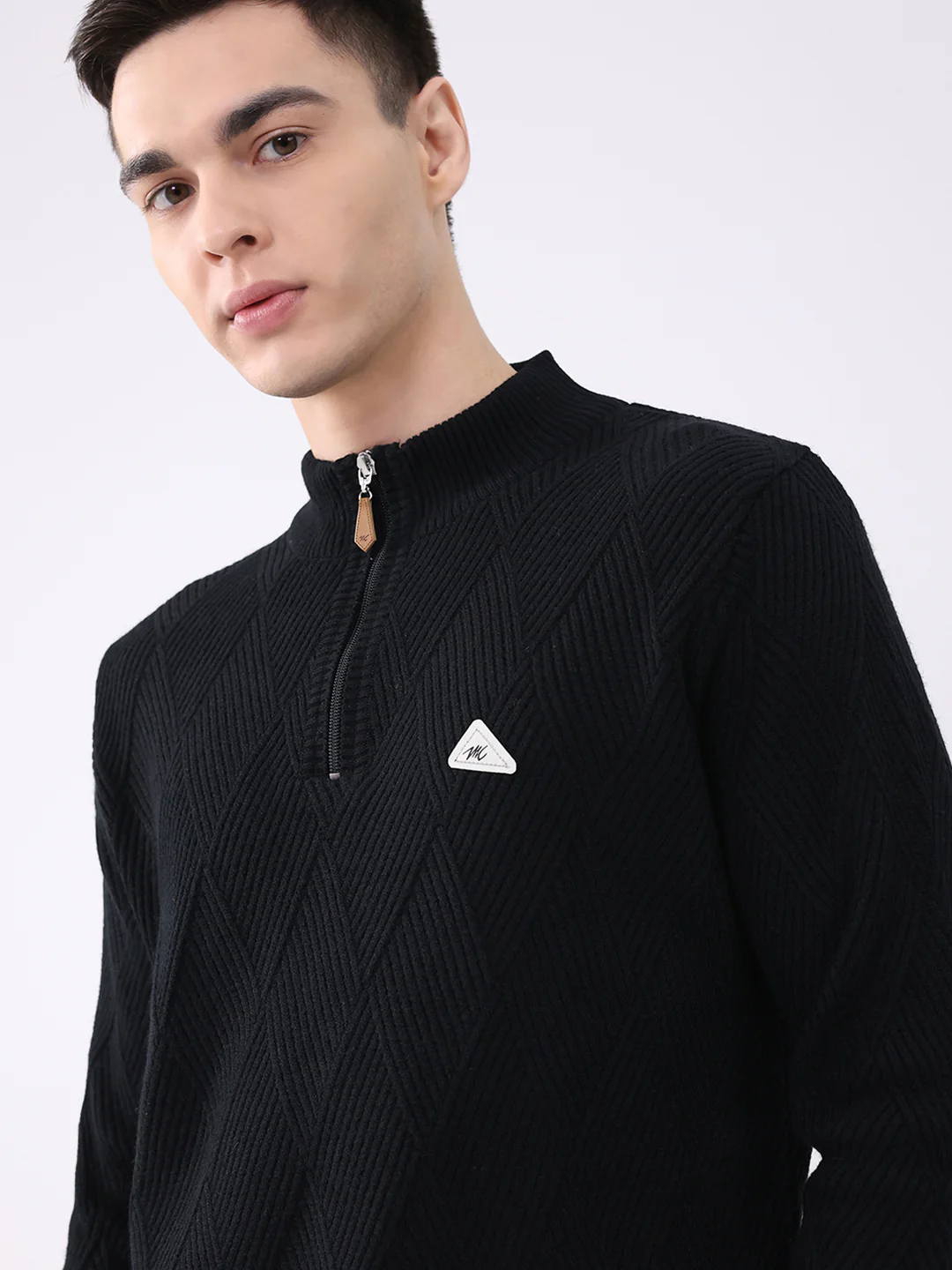 Men Black Self Design Mock Neck Full Sleeve Pullover - Image 6