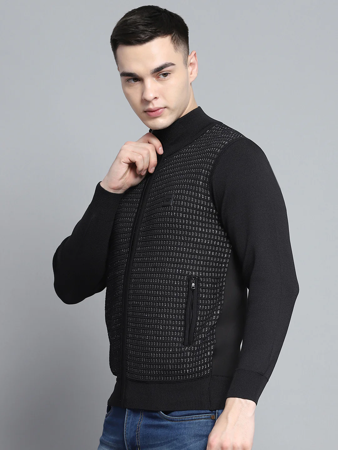 Men Black Self Design Mock Neck Full Sleeve Pullover - Image 3