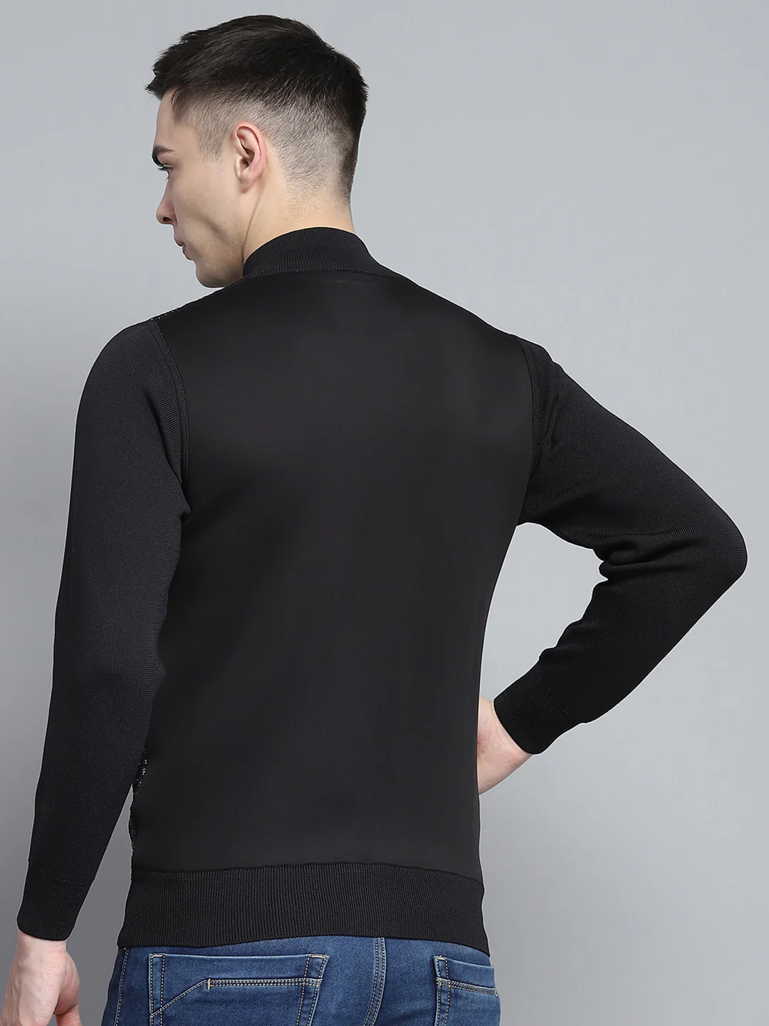 Men Black Self Design Mock Neck Full Sleeve Pullover - Image 5