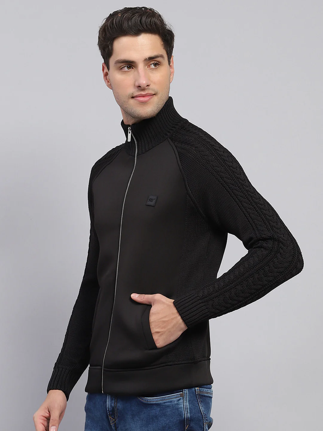 Men Black Self Design Mock Neck Full Sleeve Pullover - Image 3