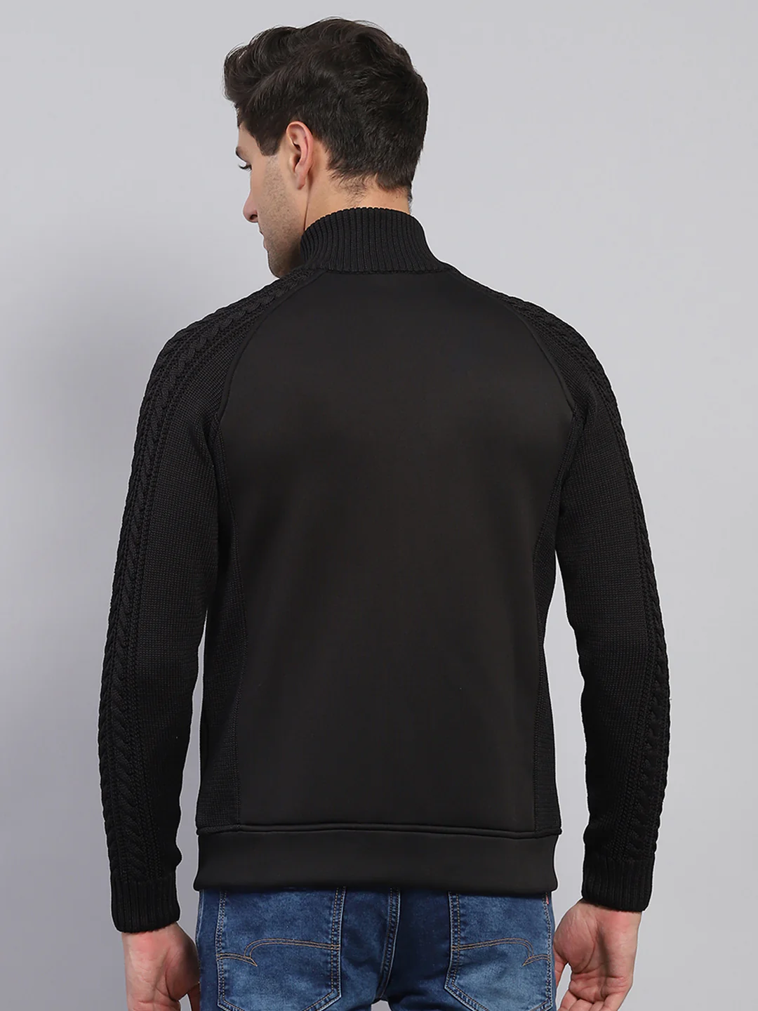 Men Black Self Design Mock Neck Full Sleeve Pullover - Image 5
