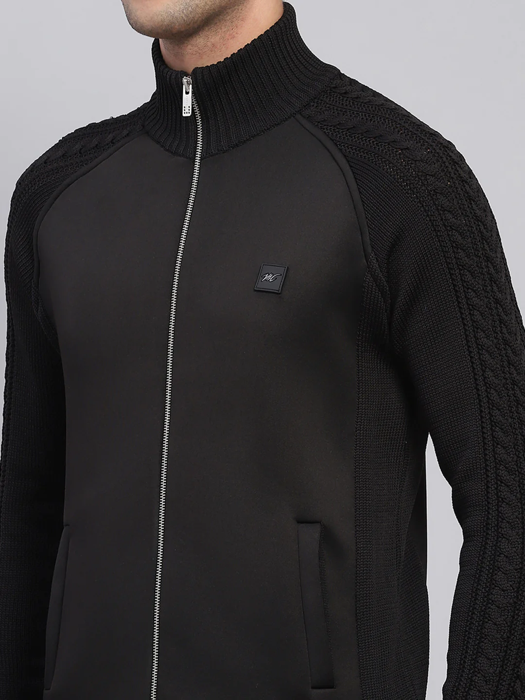 Men Black Self Design Mock Neck Full Sleeve Pullover - Image 6