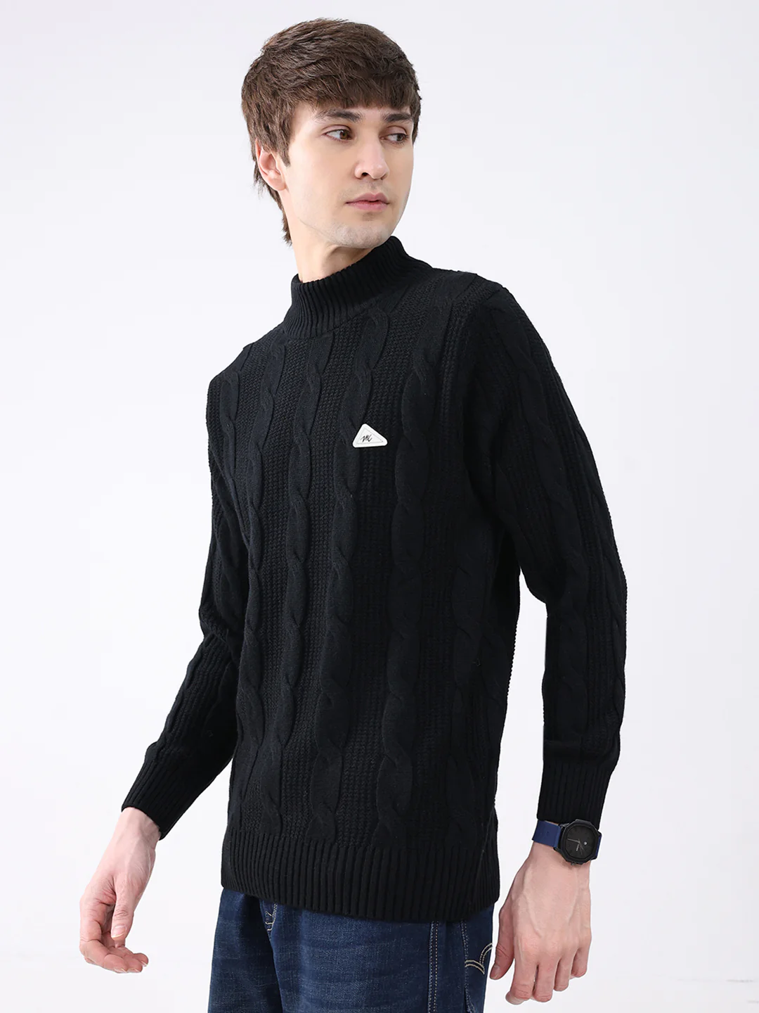 Men Black Self Design Mock Neck Full Sleeve Pullover - Image 3