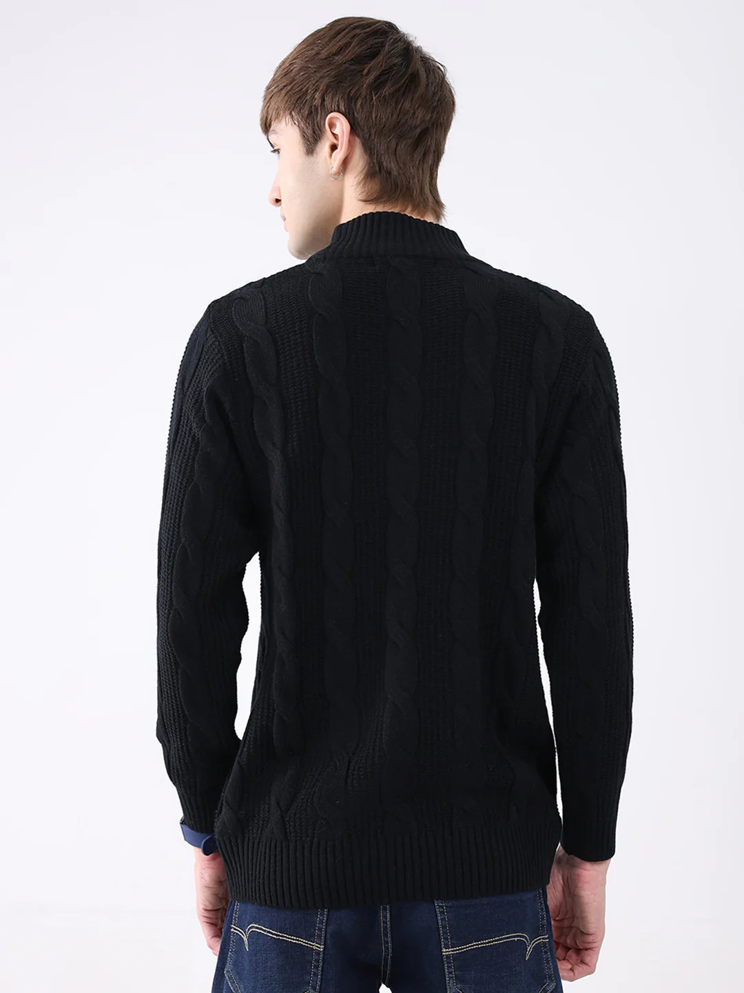 Men Black Self Design Mock Neck Full Sleeve Pullover - Image 5