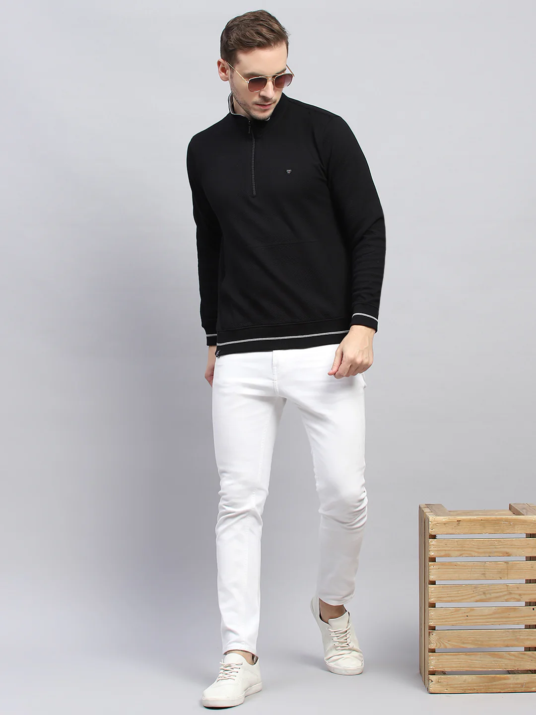 Men Black Self Design Mock Neck Full Sleeve Winter T-Shirt - Image 2