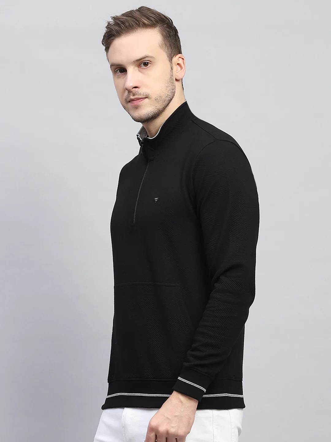 Men Black Self Design Mock Neck Full Sleeve Winter T-Shirt - Image 3