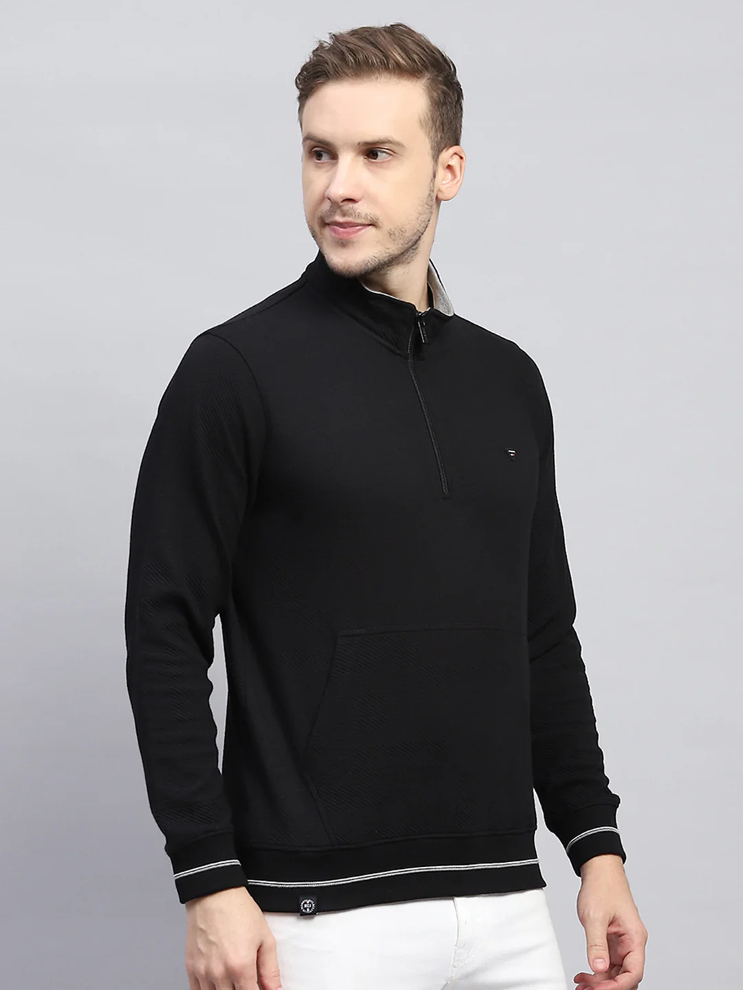 Men Black Self Design Mock Neck Full Sleeve Winter T-Shirt - Image 4