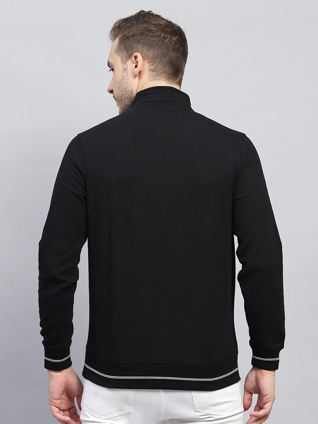 Men Black Self Design Mock Neck Full Sleeve Winter T-Shirt - Image 5